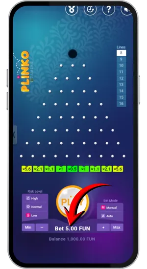 Postavljanje uloga za Plinko online igru s rasponom od 10 centi do 100 eura po rundi