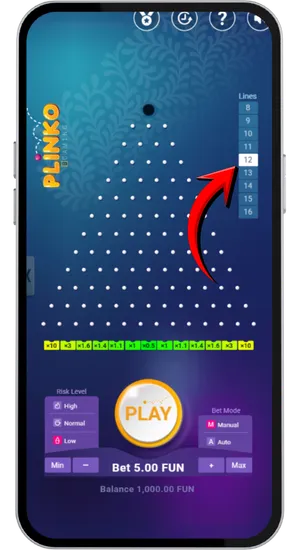 Odabir broja redova čavala u Plinko bonus igri između 8 i 16 za prilagođavanje množitelja