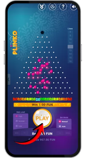 Pokretanje kuglice u Plinko slot igri i praćenje njenog pada kroz čavle do konačnog ishoda